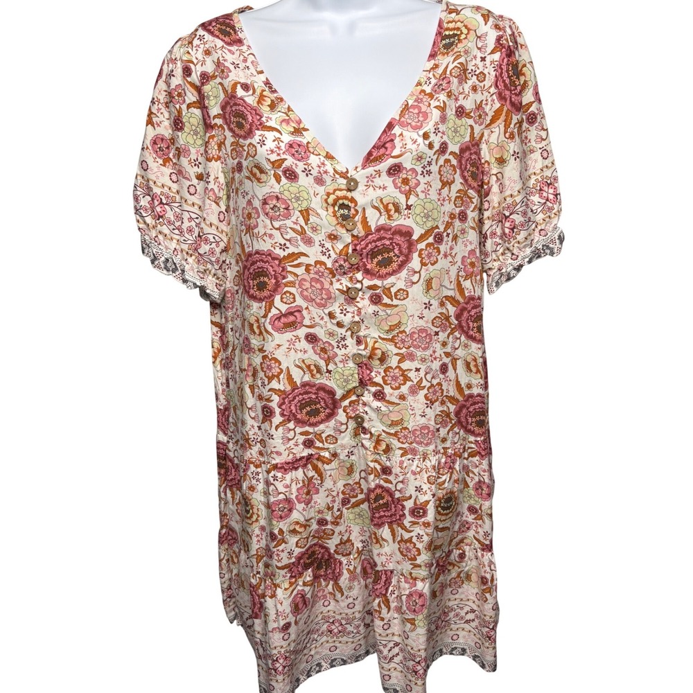 WANDERLUST Womens Pink Floral V-Neck Tiered Boho Dress XL Puff Sleeve Flowy Chic